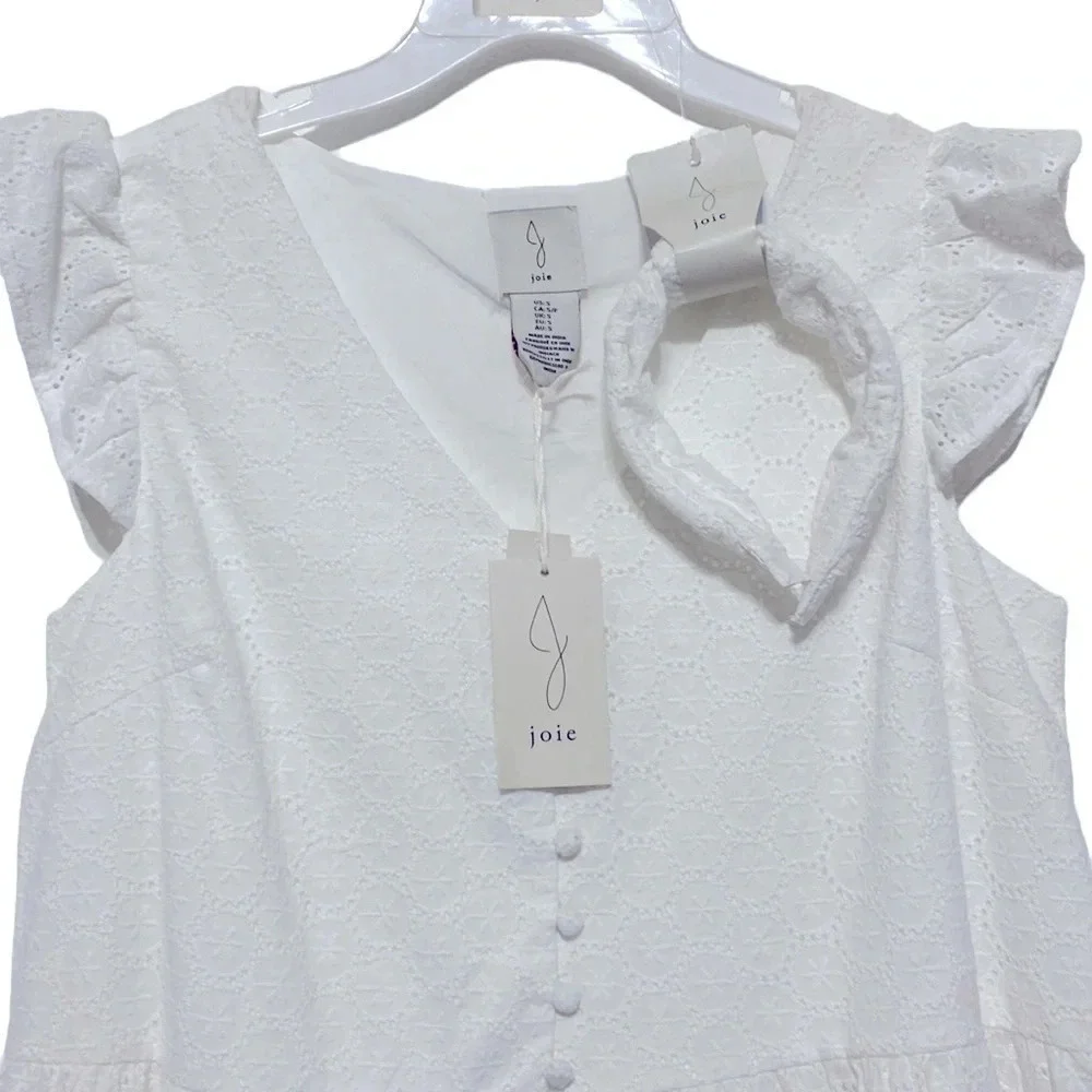 Joie NEW White Tiered Babydoll Prairie Eyelet Cottagecore Mini Dress Size Small - Picture 3 of 5